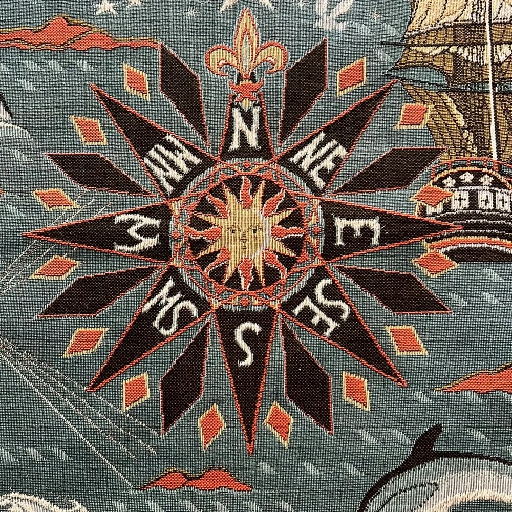 Vintage Anne Leurent La Rose Vents (Compass Rose) Tapestry Made in France w/ Rod